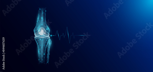 Knee joint bone human organ skeleton anatomy in form style polygon low poly futuristic and pulse wave glowing. Medical science template banner with empty space for text. Vector EPS10 illustration.