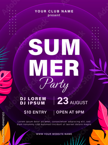 Summer party flyer design with tropical leaves. Summer Holiday Celebration. Beach party event poster template. Vector illustration