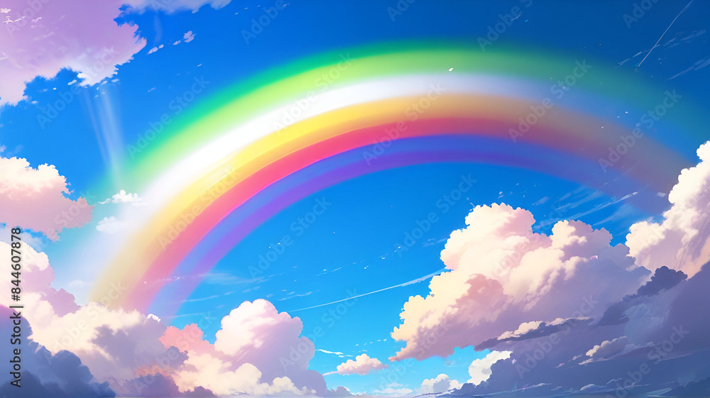 Anime-style illustration of a beautiful rainbow in the blue sky Anime-style illustration of a beautiful rainbow in the blue sky