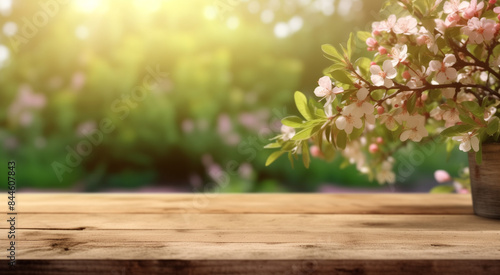 Empty wooden table in front of abstract blurred spring flowers background for product display  can be used mock up for display or montage your products