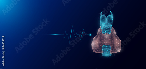 Thyroid gland human organ anatomy in form style polygon low poly futuristic and pulse wave glowing. Medical science template banner with empty space for text. Vector EPS10 illustration.