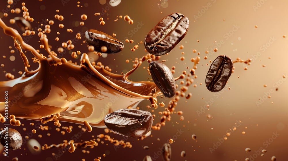 Coffee Bean Splash, Floating Cappuccino Liquid with Brown Advertising Background Coffee Bean Splash, Floating Cappuccino Liquid with Brown Advertising Background