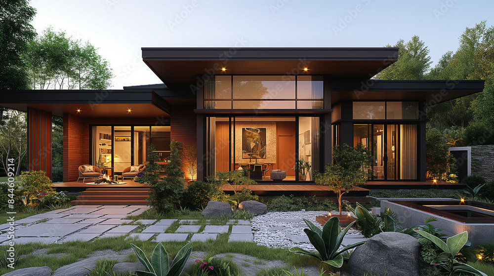 a family live in modern house in thailand, , small garden in the front, Thai Modern house style, view in the evening, realism, realistic light. a family live in modern house in thailand, , small garden in the front, Thai Modern house style, view in the evening, realism, realistic light.