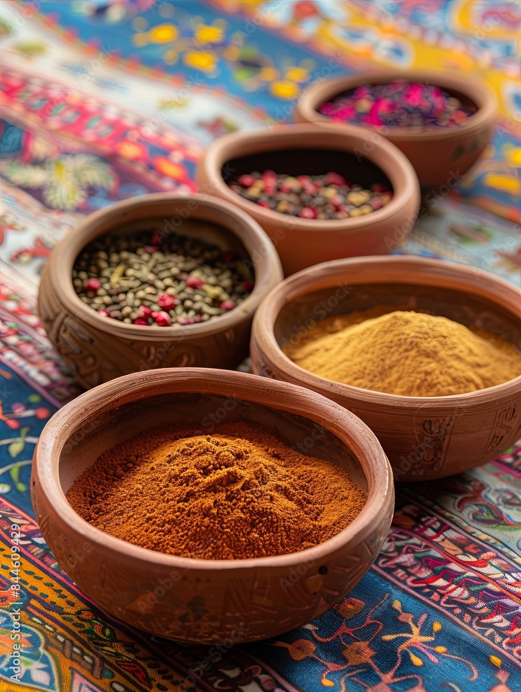 Close-up of traditional Moroccan spices in clay bowls, displayed on a colorful fabric background. Generative AI Close-up of traditional Moroccan spices in clay bowls, displayed on a colorful fabric background. Generative AI