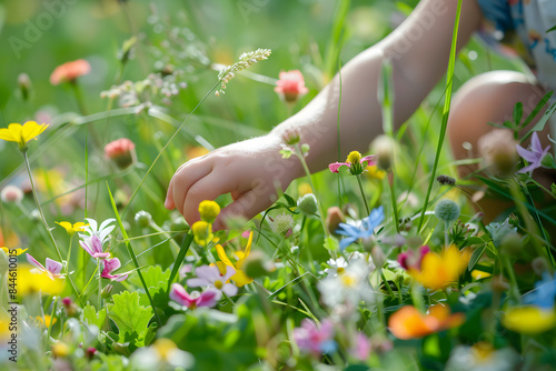 A close-up shot of a child's hand picking a wildflower in a sunny meadow, with bright green grass and colorful flowers in the background 