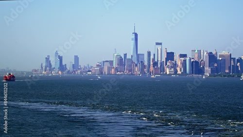 New York City skyline cityscape from a vessel passing by