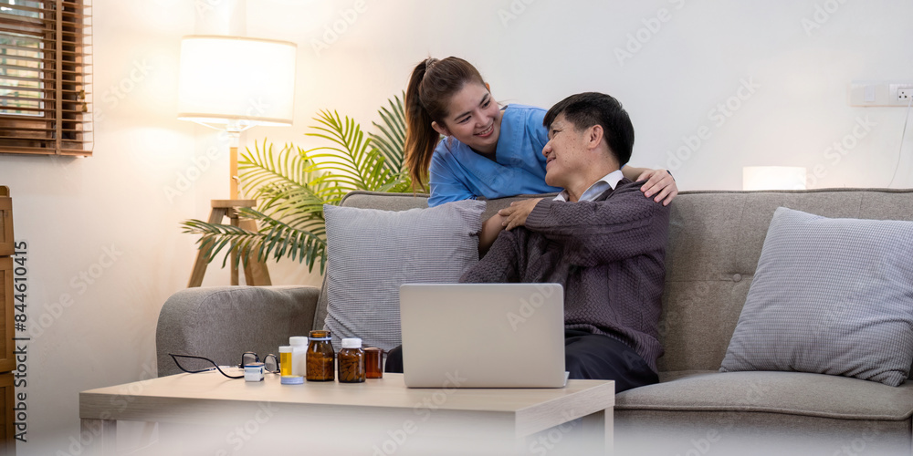 Caring Nurse Assisting Elderly Man with Medication at Home. Compassionate Caregiver Providing Medical Support in a Comfortable Living Room Setting Caring Nurse Assisting Elderly Man with Medication at Home. Compassionate Caregiver Providing Medical Support in a Comfortable Living Room Setting