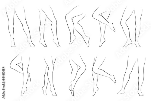 Line female legs. Nude female body with bare feet and legs, barefoot and clothed model legs with toes and fingers. Vector bare legs silhouette. Slim human parts outline isolated on white