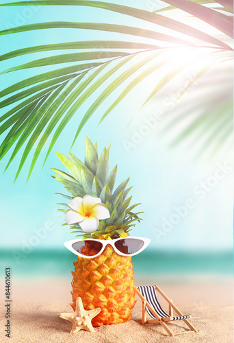 Pineapple with sunglasses and flower on tropical beach background.