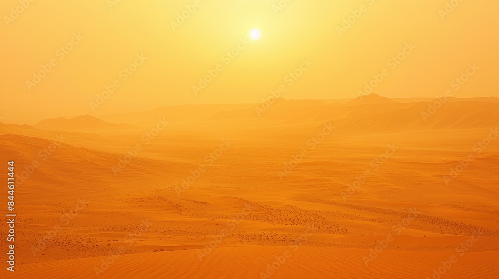 Tranquil Desert Scene: Orange Sky, Sand Dunes, and Foggy Atmosphere Tranquil Desert Scene: Orange Sky, Sand Dunes, and Foggy Atmosphere