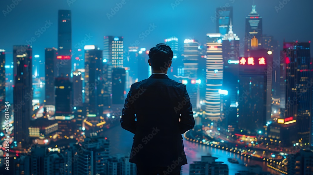 A confident businessman in a suit standing with his back to the camera, overlooking a modern cityscape filled with towering skyscrapers illuminated at night A confident businessman in a suit standing with his back to the camera, overlooking a modern cityscape filled with towering skyscrapers illuminated at night