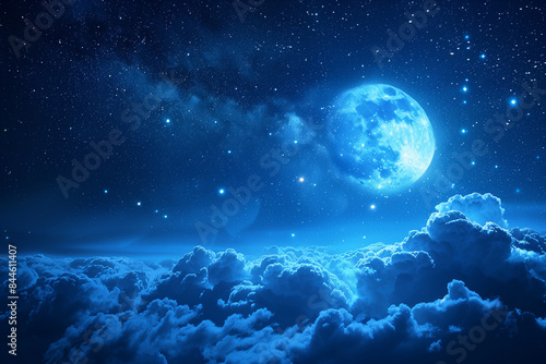 Captivating full moon illuminating clouds and stars in night sky  sky with moon and clouds  Romantic Moon In Starry Night Over Clouds