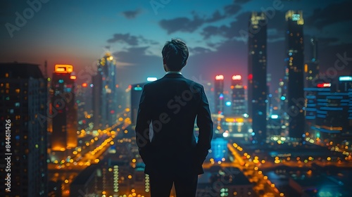 A confident businessman in a suit standing with his back to the camera, overlooking a modern cityscape filled with towering skyscrapers illuminated at night