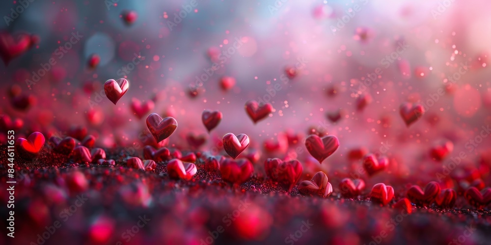Floating hearts in a sea of red and pink with bokeh lights, creating a romantic and dreamy atmosphere perfect for Valentine's Day. Floating hearts in a sea of red and pink with bokeh lights, creating a romantic and dreamy atmosphere perfect for Valentine's Day.