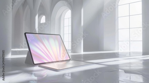 The image shows a tablet placed on a marble table. The tablet has a large screen with a colorful gradient wallpaper. The tablet is in a bright, white room with large windows. photo