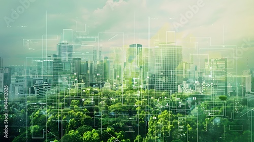 a futuristic cityscape overlaid with a digital foliage index map, highlighting areas of dense greenery and vegetation to showcase urban green spaces and monitor environmental health and sustainability