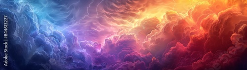 Nature s canvas unfolds as an explosively vivid thunderstorm dances across the heavens  creating an ethereal abstract composition of vibrant hues and captivating cloud formations.