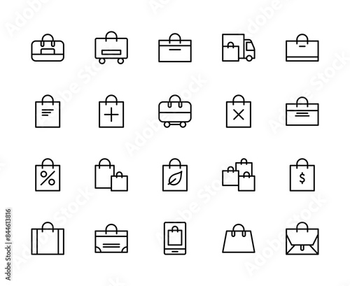 Shopping bag vector linear icons set. Contains such icons as eco-bag, online shopping, handbag, bag with handles, sales and more.