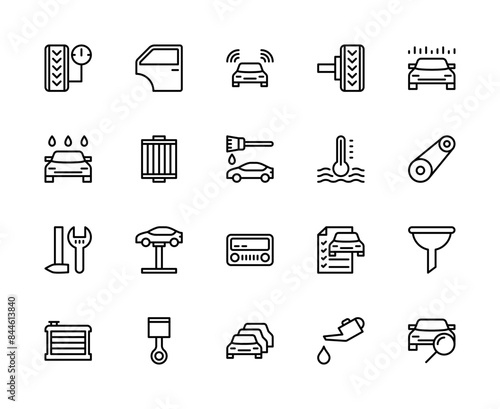 Automobile vector linear icons set. Contains such icons as car tires, automotive diagnostics, signaling, auto parts and more.