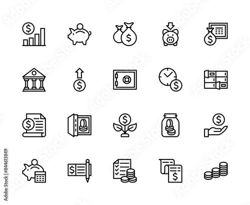 Money savings and finance vector linear icons set. Contains such icons as financial growth, currency, coin, money box and more.
