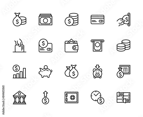 Money savings and finance vector linear icons set. Contains such icons as money, bag, dollar, currency, coins and more.
