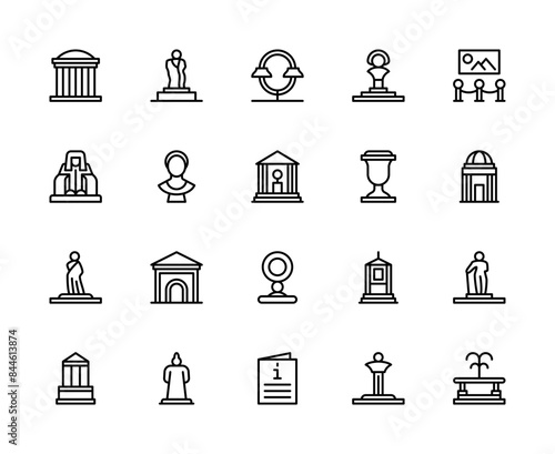 Museum vector linear icons set. Museum icons of antique items, artifacts, art, hall and more.