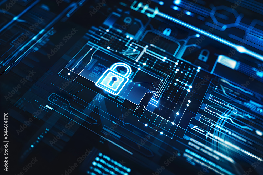 A computer with a digital lock and a data network symbolizing cybersecurity, dark background with blue and black shades A computer with a digital lock and a data network symbolizing cybersecurity, dark background with blue and black shades