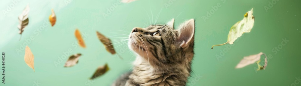 Fototapeta premium A cute kitten is looking up at falling leaves. The kitten is surrounded by green and brown leaves.