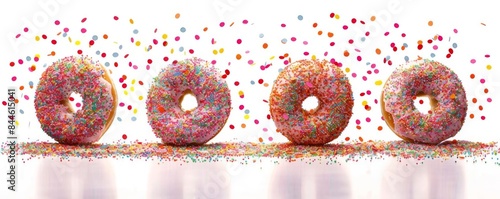 A row of four donuts with pink icing and rainbow sprinkles. The donuts are arranged in a line with a white background. photo