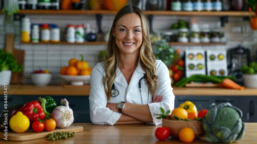 Smiling nutritionist in a modern kitchen with fresh vegetables and fruits, providing healthy eating advice. Bright, vibrant, and professional setting ideal for wellness and health-related themes. AI Smiling nutritionist in a modern kitchen with fresh vegetables and fruits, providing healthy eating advice. Bright, vibrant, and professional setting ideal for wellness and health-related themes. AI