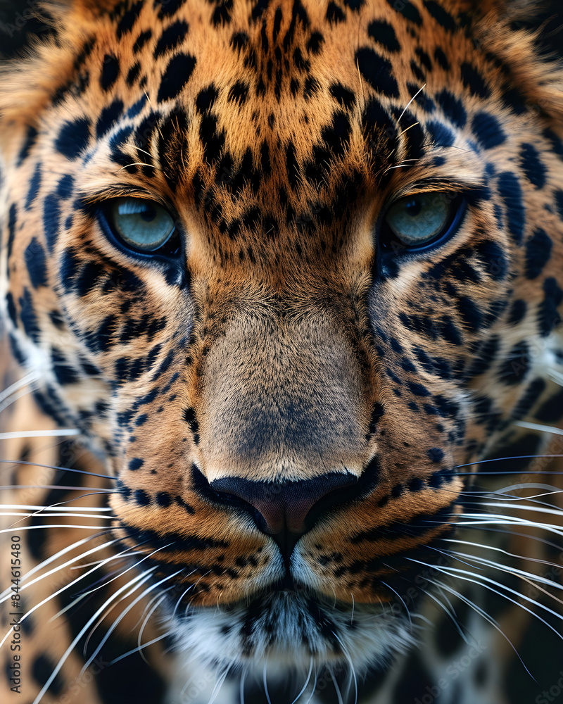 Obraz premium Leopard muzzle macro shot. Detailed close up shot of jaguar face spots texture. Wildlife in jungle. Banner for veterinary help. Pet care, animals concept background, poster, print, design card, flyer