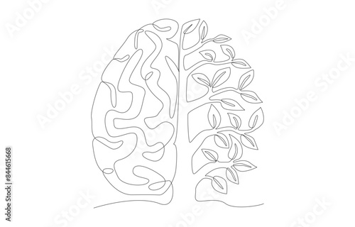 Continuous one line drawing of half human brain and half bountiful tree, environmentally friendly vision, ecology idea concept, single line art.