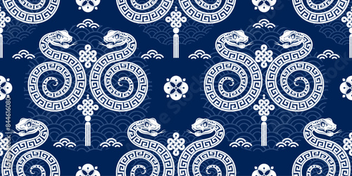 Seamless pattern happy chinese new year 2025 the snake zodiac sign with asian elements paper cut style on color background. ( Translation : happy new year 2024 year of the snake )
