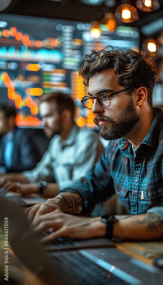 Obraz premium Focused young man working on multiple computer screens in a modern office setup with stock market charts in the background.