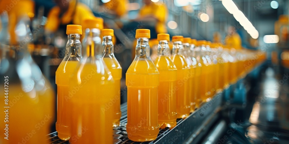 Bottles of orange juice moving along a production line in a factory, showcasing the beverage manufacturing process and industrial setting. Bottles of orange juice moving along a production line in a factory, showcasing the beverage manufacturing process and industrial setting.