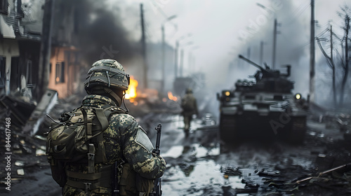  A Ukrainian soldier stands in the middle of an urban street, with tanks and military vehicles behind him. The scene is set during war, with smoke rising from distant explosions.