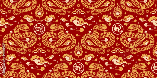 Seamless pattern happy chinese new year 2025 the snake zodiac sign with asian elements paper cut style on color background. ( Translation : happy new year 2024 year of the snake )
