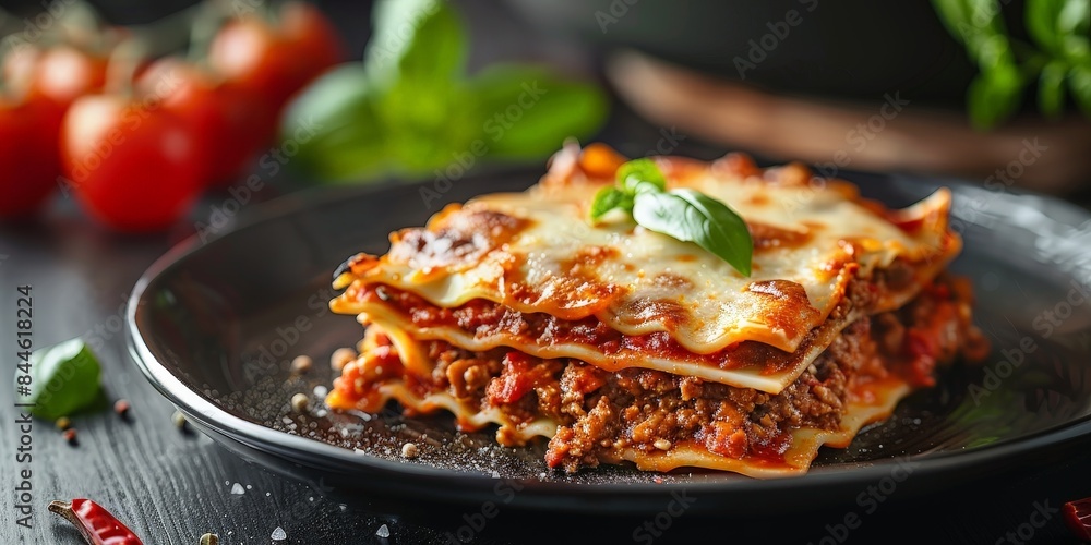 Delicious homemade lasagna with layers of rich meat sauce, melted cheese, and fresh basil, served on a black plate, creating a mouthwatering Italian dish. Delicious homemade lasagna with layers of rich meat sauce, melted cheese, and fresh basil, served on a black plate, creating a mouthwatering Italian dish.