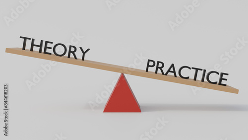 Valokuva 3d rendering of practice and theory in balance; a scale and words practice and t