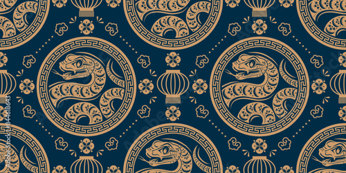 Seamless pattern happy chinese new year 2025 the snake zodiac sign with asian elements paper cut style on color background. ( Translation : happy new year 2024 year of the snake )
