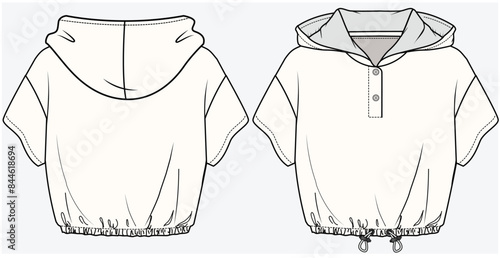 DROP SHOULDER CROP TOP WITH FRONT PLACKET AND HOODIE DETAIL DESIGNED FOR TEEN AND KID GIRLS IN VECTOR 