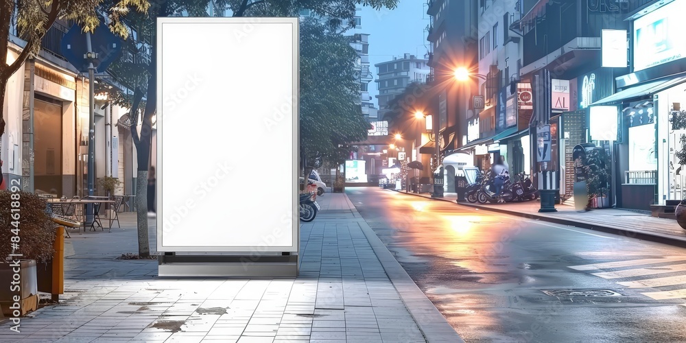 Blank advertising billboard on city street at dusk with lights and buildings in the background. Blank advertising billboard on city street at dusk with lights and buildings in the background.