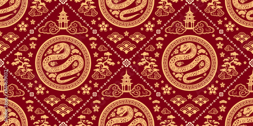 Seamless pattern happy chinese new year 2025 the snake zodiac sign with asian elements paper cut style on color background. ( Translation : happy new year 2024 year of the snake )
