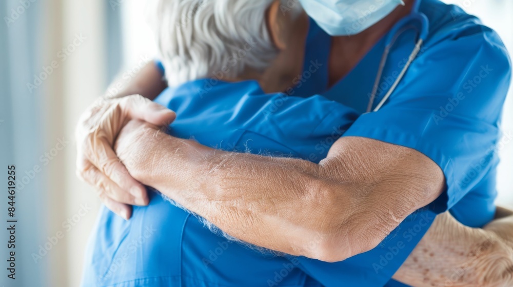 A compassionate healthcare worker in blue scrubs embraces an elderly patient offering comfort and care. A compassionate healthcare worker in blue scrubs embraces an elderly patient offering comfort and care.