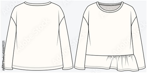 LONG SLEEVES DROP SHOULDER TOP WITH FRONT ASYMMETRIC FRILL PANEL DETAIL DESIGNED FOR TEEN AND KID GIRLS IN VECTOR