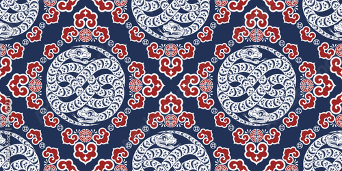 Seamless pattern happy chinese new year 2025 the snake zodiac sign with asian elements paper cut style on color background. ( Translation : happy new year 2024 year of the snake )
