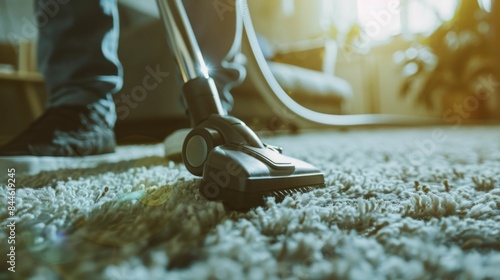 A person's foot and leg wearing black shoes standing on a white shag carpet holding a gray vacuum cleaner with a brush attachment in a room with a blurred background of a couch and plants. photo