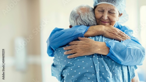An elderly couple dressed in blue hospital gowns embrace each other with affection and tears possibly saying goodbye or sharing a moment of love and support in a medical setting. photo