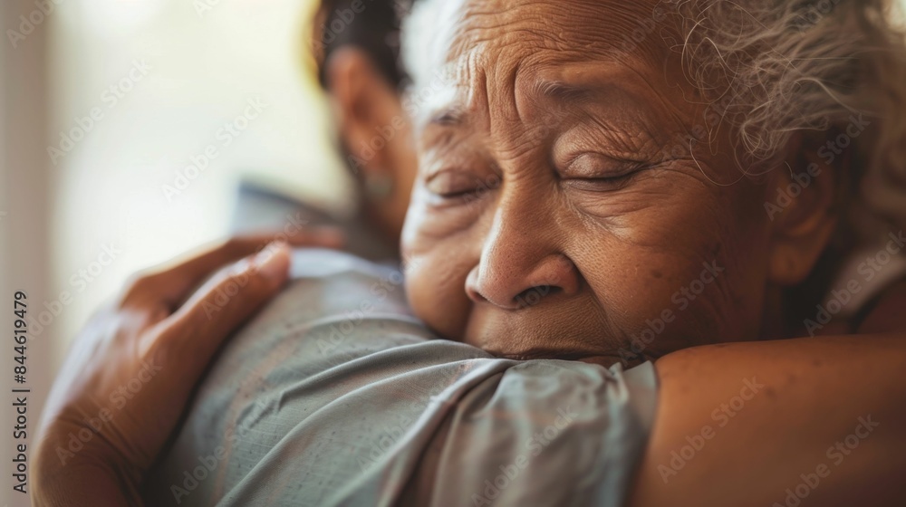 Obraz premium Elderly woman with closed eyes resting head on shoulder of younger person embracing in warm affectionate gesture.