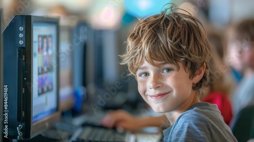 Young boy with freckles smiling at camera sitting at computer with multiple monitors in background in a room with blurred figu res suggesting a classroom or office setting. photo